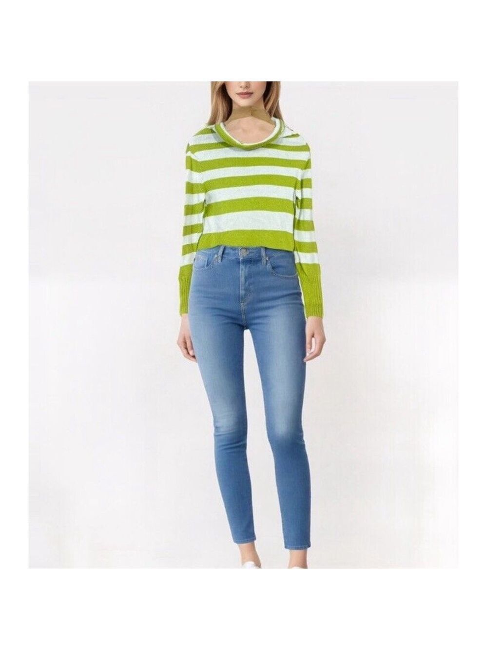 American Eagle Women’s Boxy Cowl-Neck Cozy Sweater Sz M Green Stripe Y2K